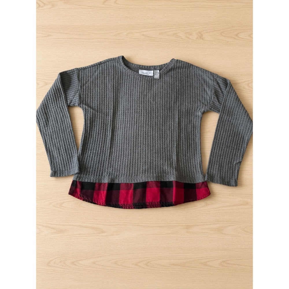 The Childrens Place Girls Grey Waffle Knit Top Red Buffalo Plaid Hem Size 7/8 M
